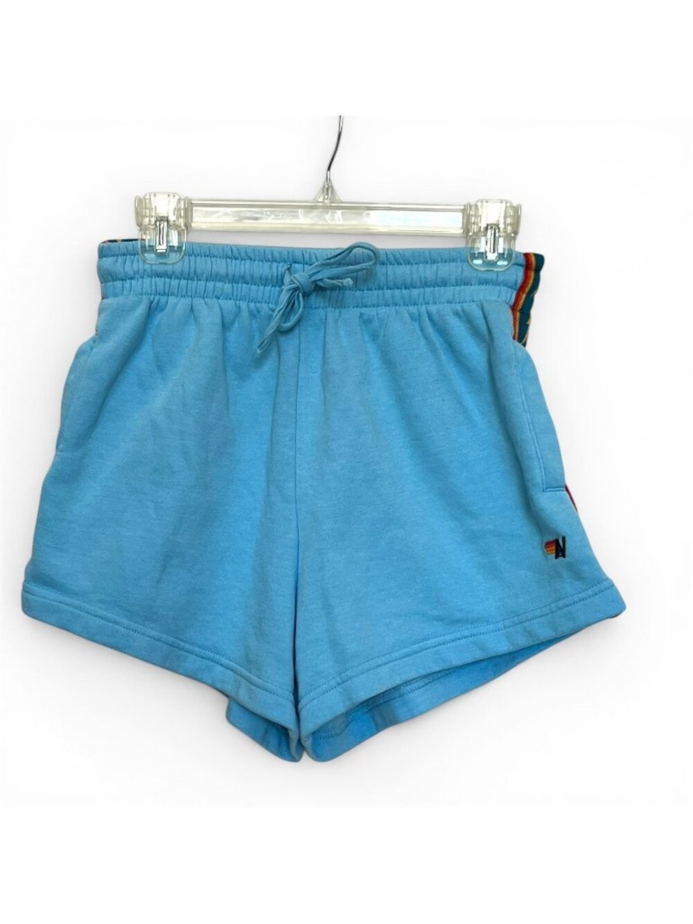 Aviator Nation Sweat Shorts M Blue Lightning Bolt Stripe Fleece Drawstring USA